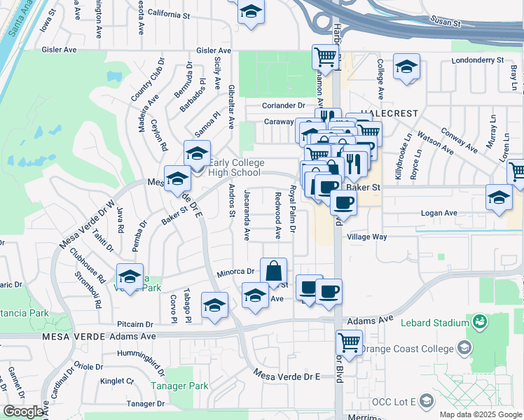 map of restaurants, bars, coffee shops, grocery stores, and more near 1616 Sandalwood Street in Costa Mesa