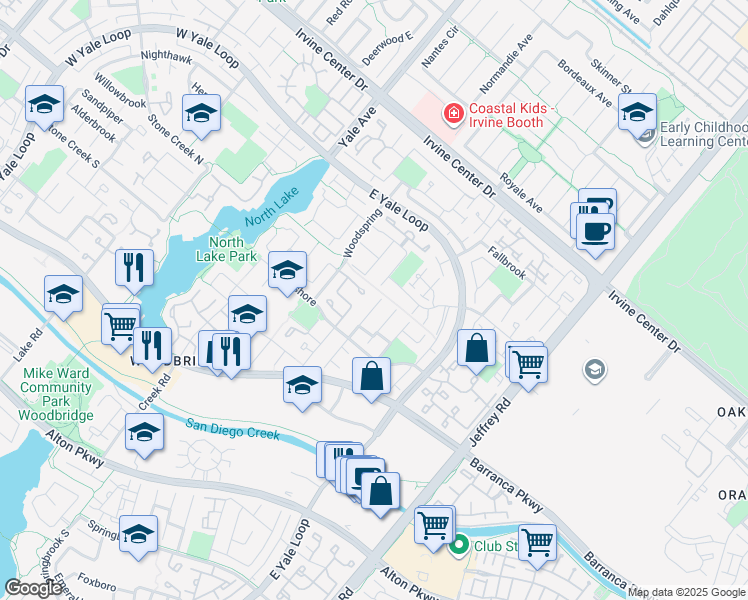 map of restaurants, bars, coffee shops, grocery stores, and more near 49 Shearwater in Irvine