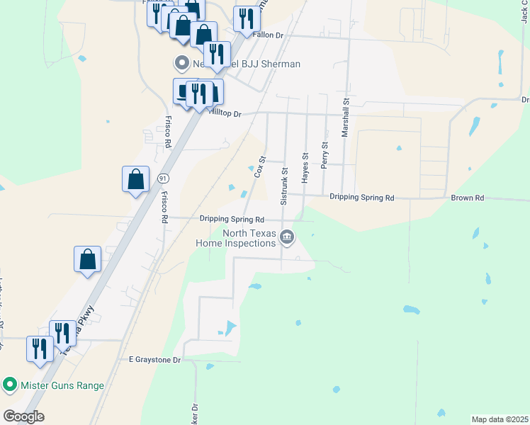 map of restaurants, bars, coffee shops, grocery stores, and more near 2709 Dripping Spring Road in Sherman