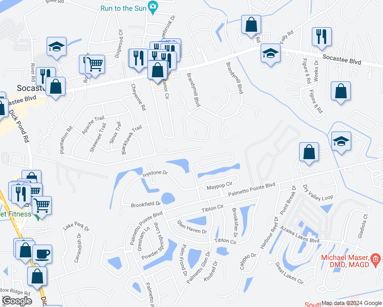 map of restaurants, bars, coffee shops, grocery stores, and more near 220 Plantation Road in Myrtle Beach