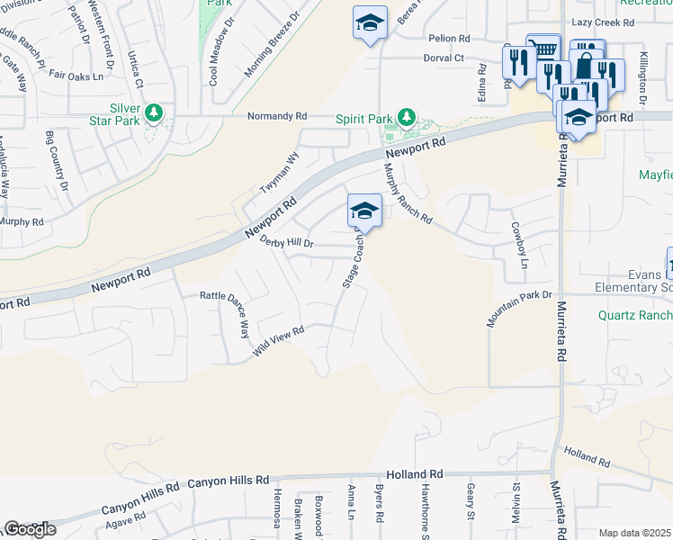 map of restaurants, bars, coffee shops, grocery stores, and more near 30408 Shenandoah Court in Menifee