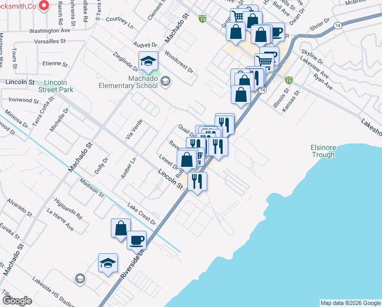 map of restaurants, bars, coffee shops, grocery stores, and more near 3570 Raven Drive in Lake Elsinore