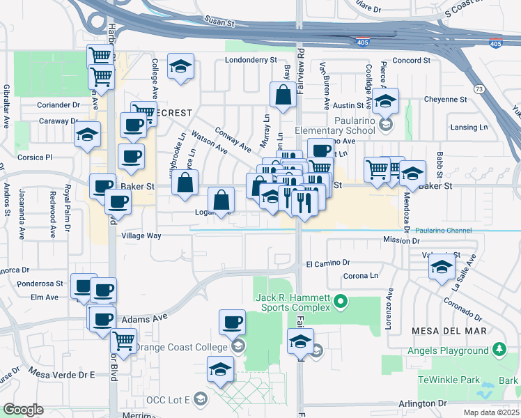 map of restaurants, bars, coffee shops, grocery stores, and more near 1240 Logan Avenue in Costa Mesa