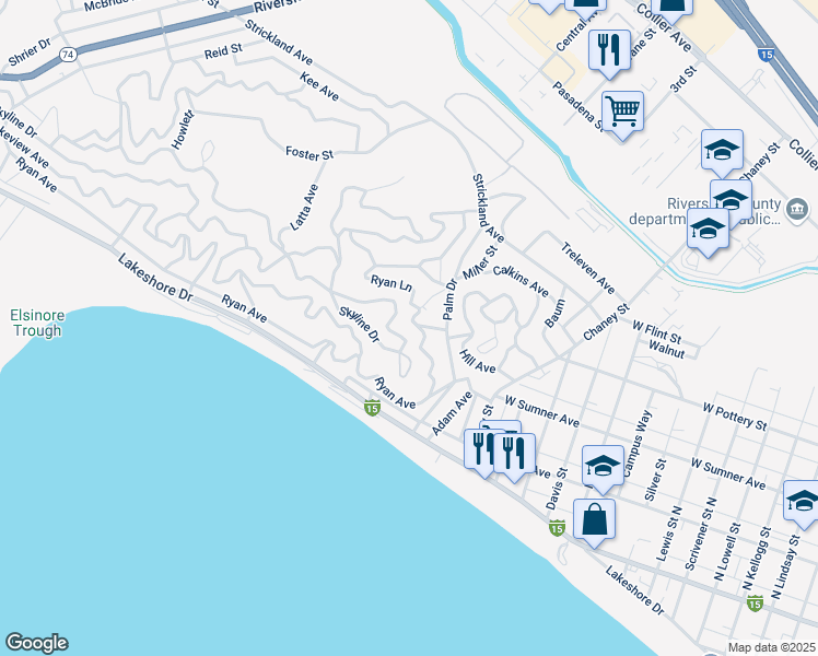map of restaurants, bars, coffee shops, grocery stores, and more near 17600 Collier Avenue in Lake Elsinore