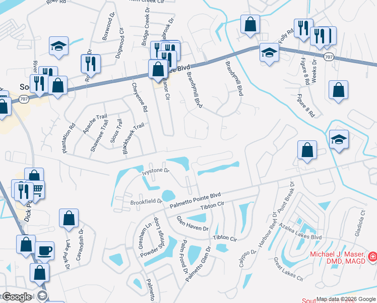 map of restaurants, bars, coffee shops, grocery stores, and more near 223 Plantation Road in Myrtle Beach