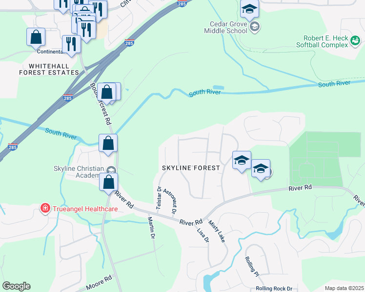 map of restaurants, bars, coffee shops, grocery stores, and more near 2154 Satellite Way in Ellenwood