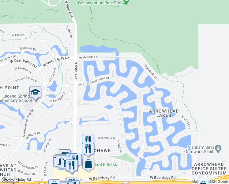 map of restaurants, bars, coffee shops, grocery stores, and more near 21555 North 56th Avenue in Glendale