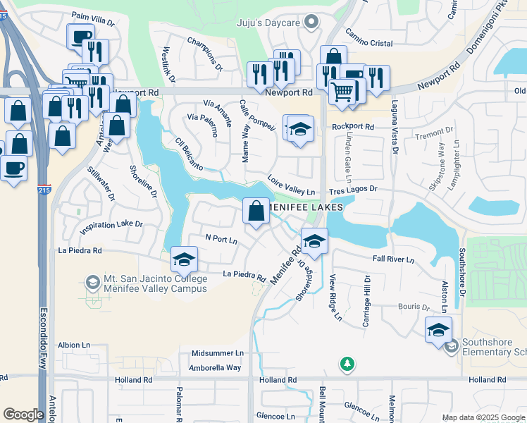 map of restaurants, bars, coffee shops, grocery stores, and more near 28724 Bridge Water Lane in Menifee