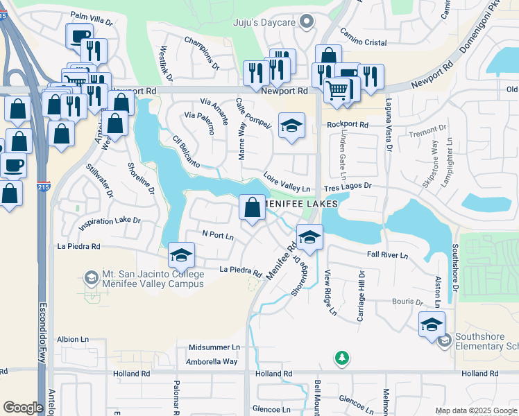map of restaurants, bars, coffee shops, grocery stores, and more near 28724 Bridge Water Lane in Menifee