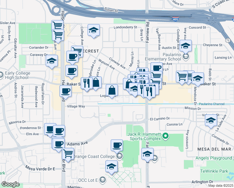 map of restaurants, bars, coffee shops, grocery stores, and more near 1304 Logan Avenue in Costa Mesa