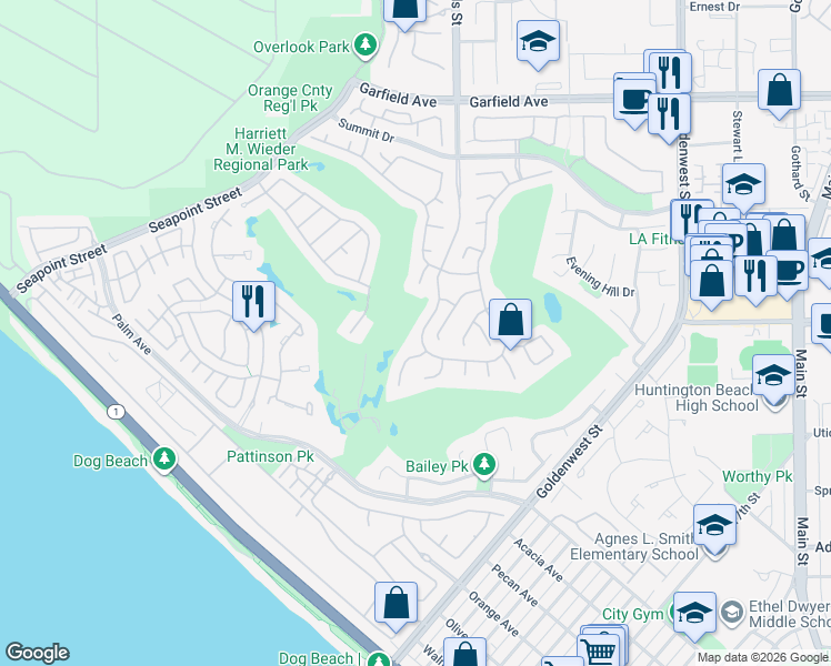 map of restaurants, bars, coffee shops, grocery stores, and more near 19531 Peninsula Lane in Huntington Beach