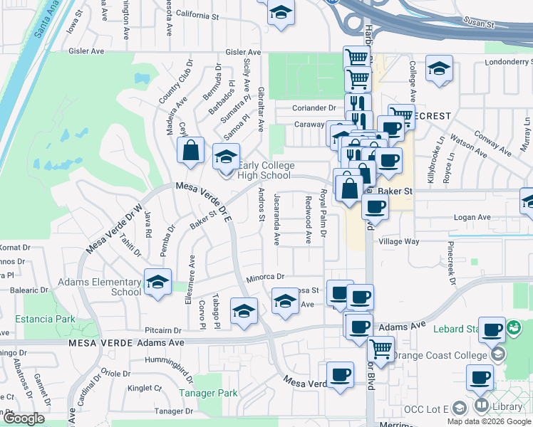 map of restaurants, bars, coffee shops, grocery stores, and more near 2960 Andros Street in Costa Mesa