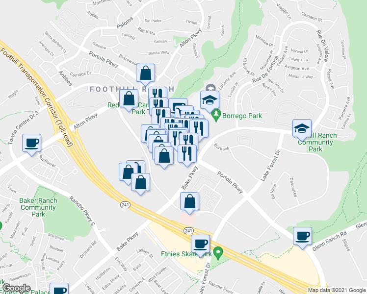 map of restaurants, bars, coffee shops, grocery stores, and more near 26781 Portola Pkwy in Foothill Ranch