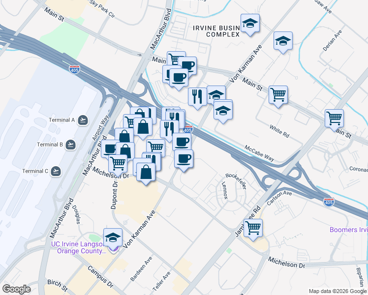 map of restaurants, bars, coffee shops, grocery stores, and more near 18007 Von Karman Avenue in Irvine