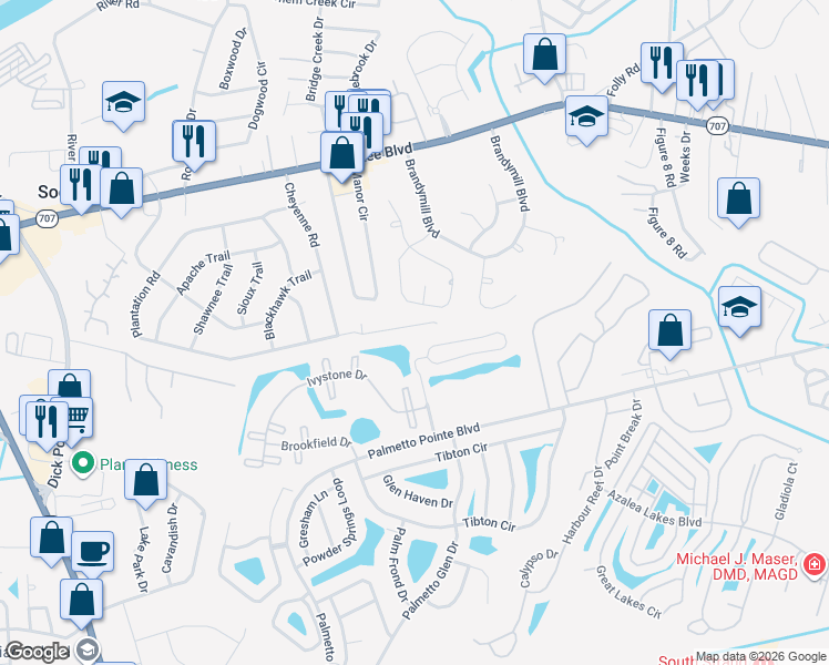 map of restaurants, bars, coffee shops, grocery stores, and more near 223 Plantation Road in Myrtle Beach