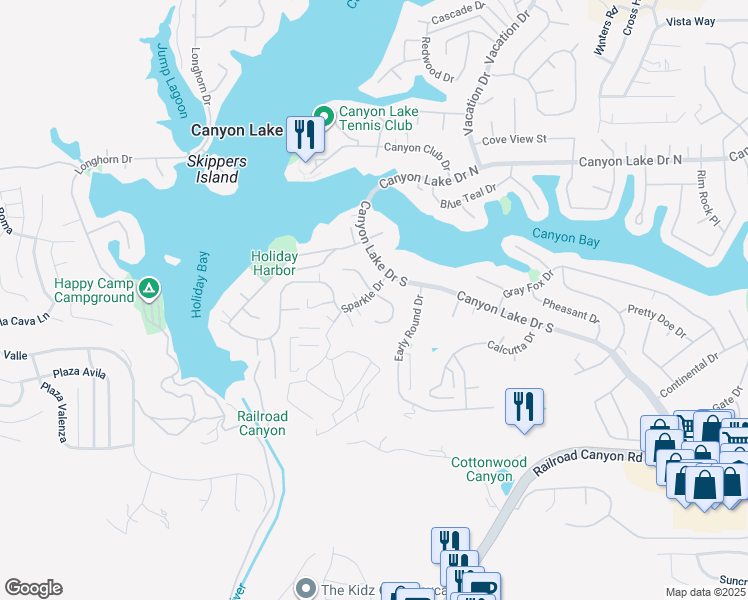 map of restaurants, bars, coffee shops, grocery stores, and more near 22511 Pin Tail Drive in Canyon Lake