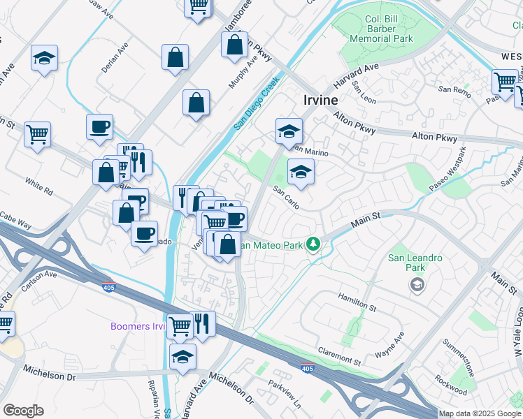 map of restaurants, bars, coffee shops, grocery stores, and more near 15 Liliano in Irvine