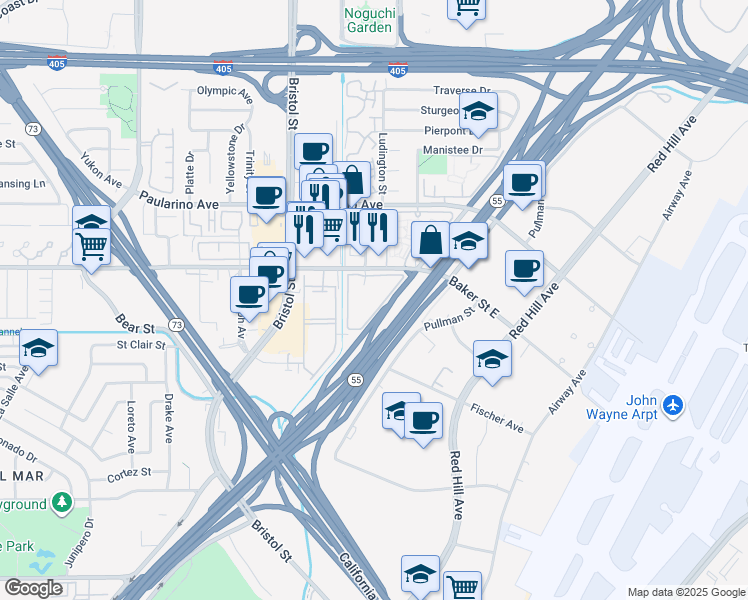map of restaurants, bars, coffee shops, grocery stores, and more near 635 Baker Street in Costa Mesa