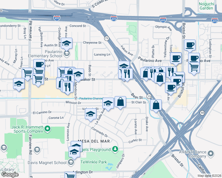 map of restaurants, bars, coffee shops, grocery stores, and more near 945 Brilliance Lane in Costa Mesa