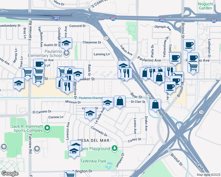 map of restaurants, bars, coffee shops, grocery stores, and more near 945 Brilliance Lane in Costa Mesa