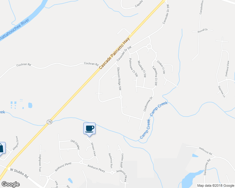 map of restaurants, bars, coffee shops, grocery stores, and more near 2765 Elkmont Ridge Southwest in Atlanta