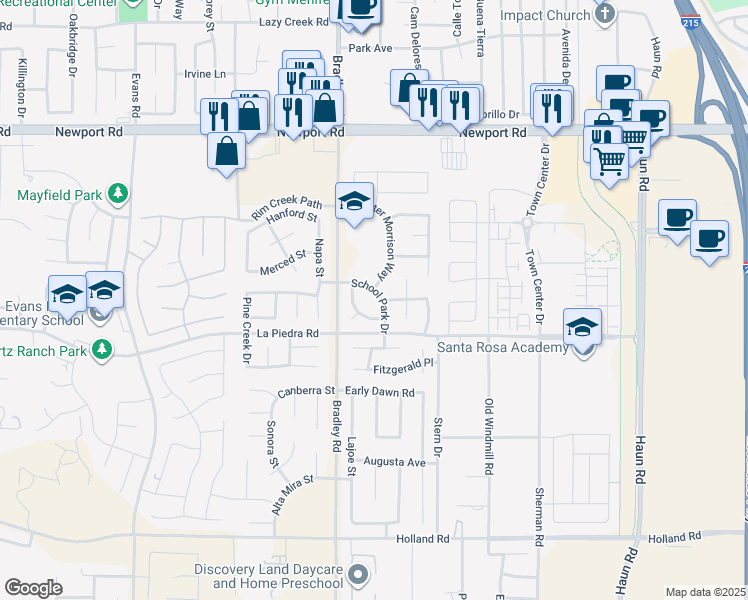 map of restaurants, bars, coffee shops, grocery stores, and more near 27081 School Park Drive in Menifee