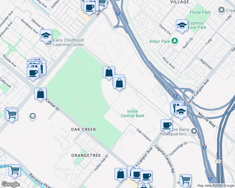 map of restaurants, bars, coffee shops, grocery stores, and more near 61 Post in Irvine