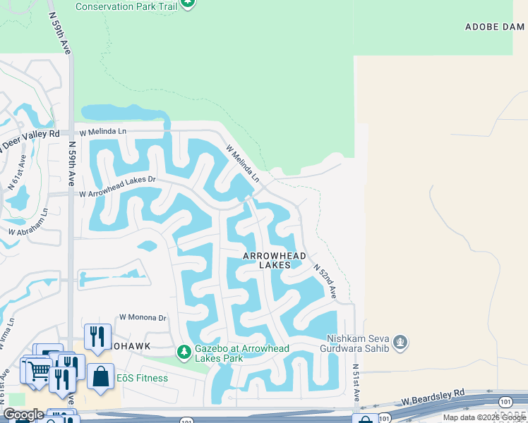 map of restaurants, bars, coffee shops, grocery stores, and more near 5286 West Lone Cactus Drive in Glendale