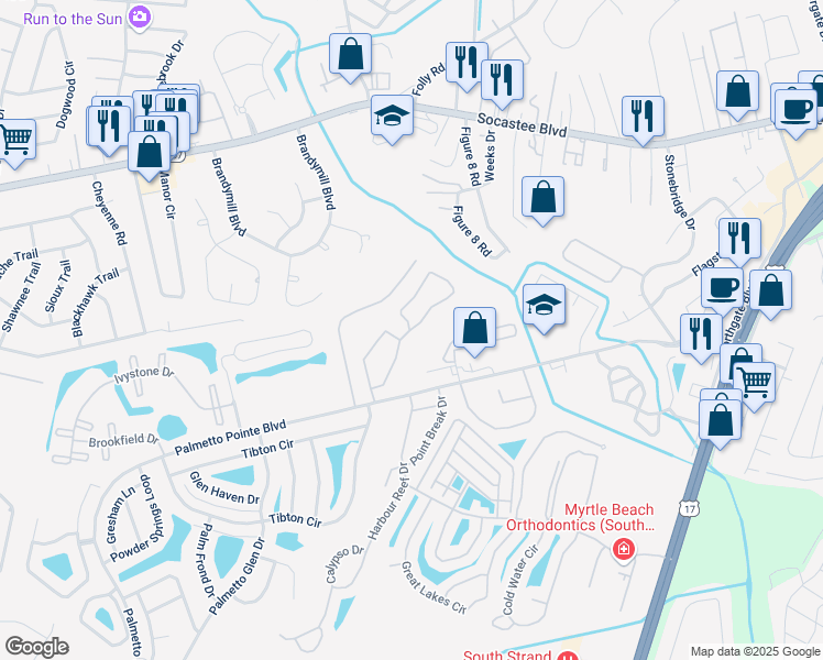 map of restaurants, bars, coffee shops, grocery stores, and more near Saint Ives Road in Myrtle Beach