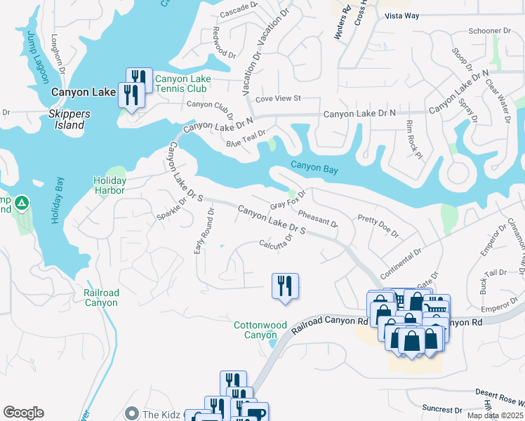 map of restaurants, bars, coffee shops, grocery stores, and more near Canyon Lake Drive South in Canyon Lake