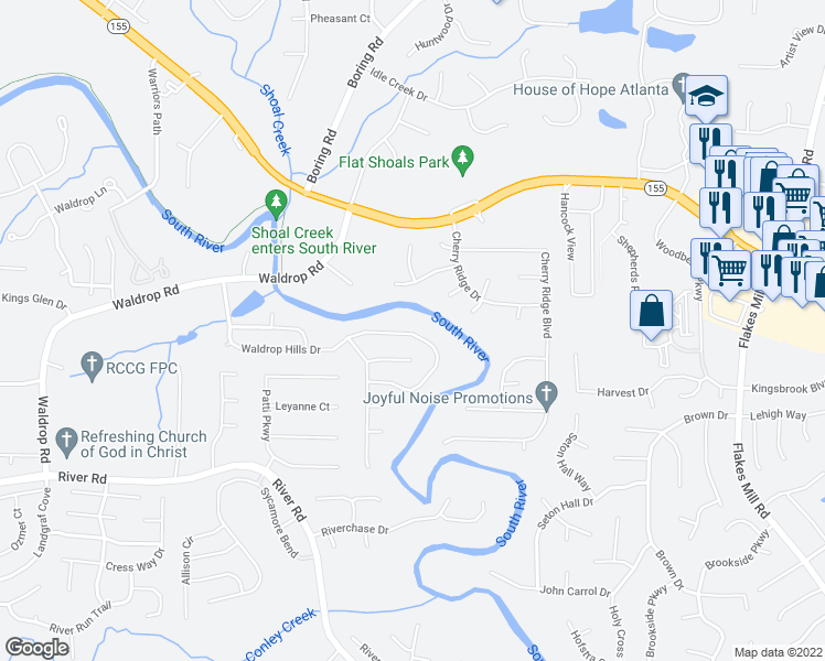 map of restaurants, bars, coffee shops, grocery stores, and more near 4000 Waldrop Hills Drive in Decatur