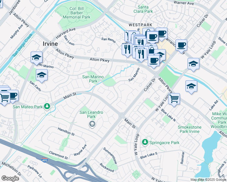 map of restaurants, bars, coffee shops, grocery stores, and more near 11 Del Perlatto in Irvine