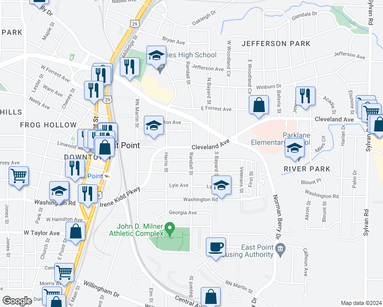 map of restaurants, bars, coffee shops, grocery stores, and more near 2779 Randall Street in East Point
