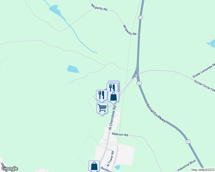 map of restaurants, bars, coffee shops, grocery stores, and more near 660 Meadows Lane in Social Circle