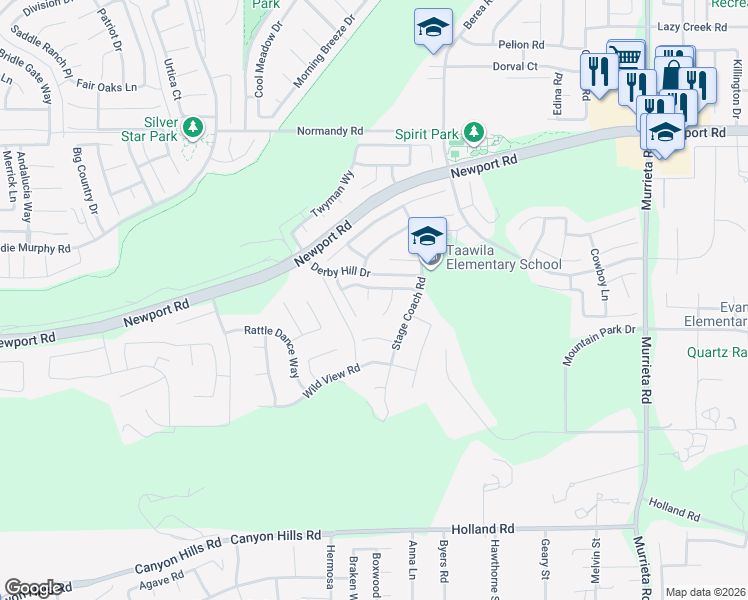 map of restaurants, bars, coffee shops, grocery stores, and more near 30438 Warm Lodge Court in Menifee