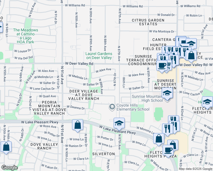 map of restaurants, bars, coffee shops, grocery stores, and more near 8752 West Salter Drive in Peoria