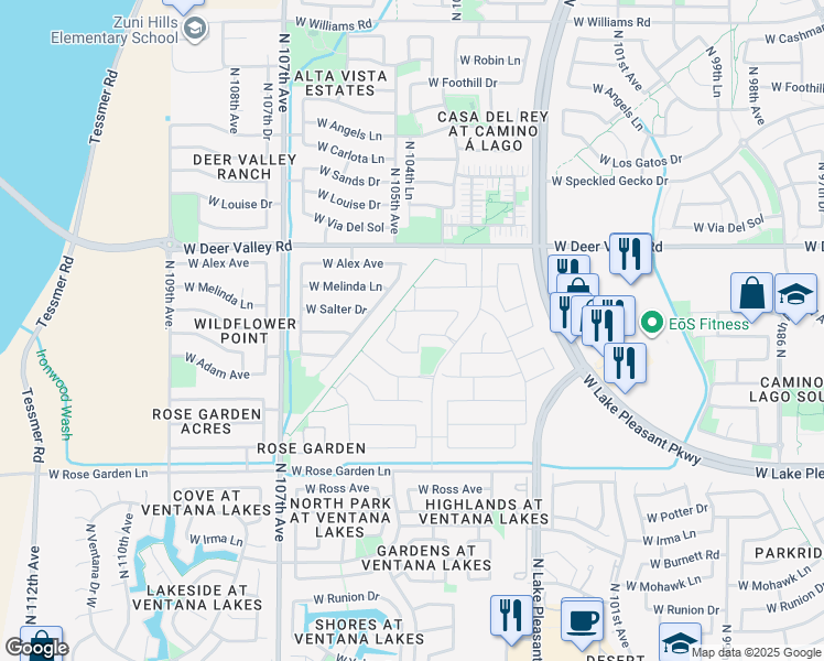 map of restaurants, bars, coffee shops, grocery stores, and more near 10523 West Desert Star Lane in Peoria