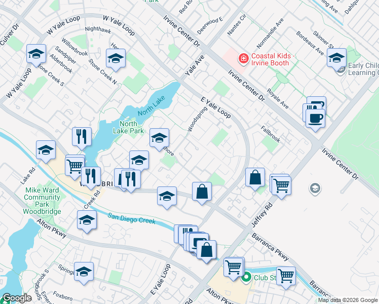 map of restaurants, bars, coffee shops, grocery stores, and more near 13 Northgrove in Irvine