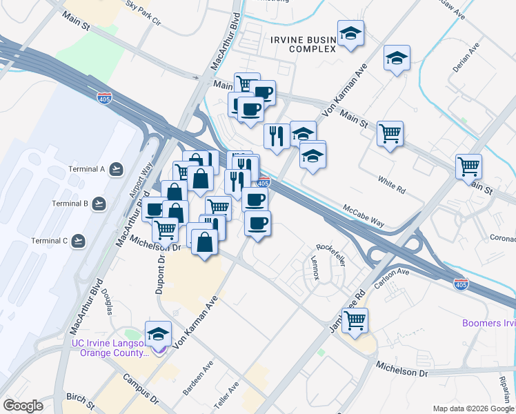 map of restaurants, bars, coffee shops, grocery stores, and more near 18007 Von Karman Avenue in Irvine