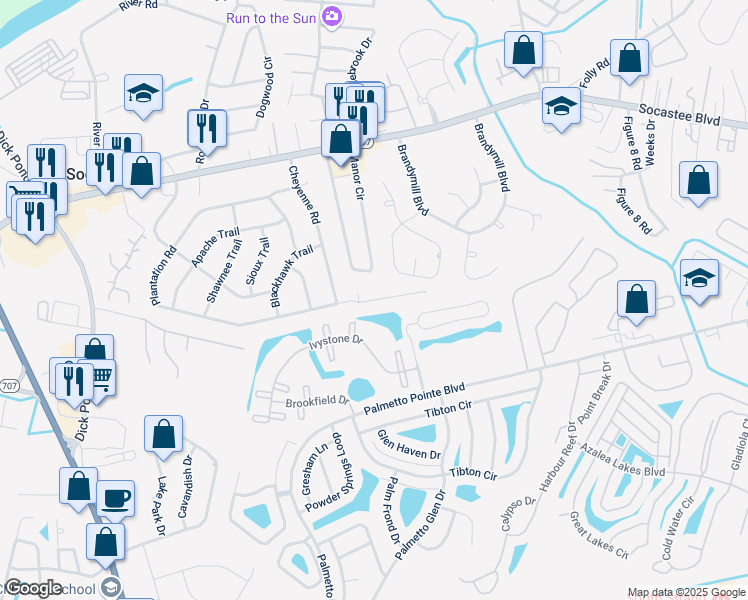 map of restaurants, bars, coffee shops, grocery stores, and more near 207 Townes Court in Myrtle Beach