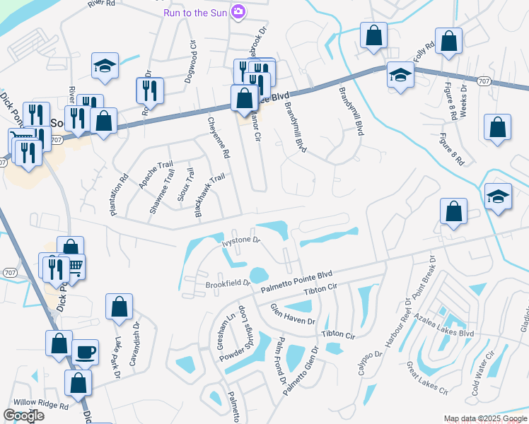 map of restaurants, bars, coffee shops, grocery stores, and more near 207 Townes Court in Myrtle Beach