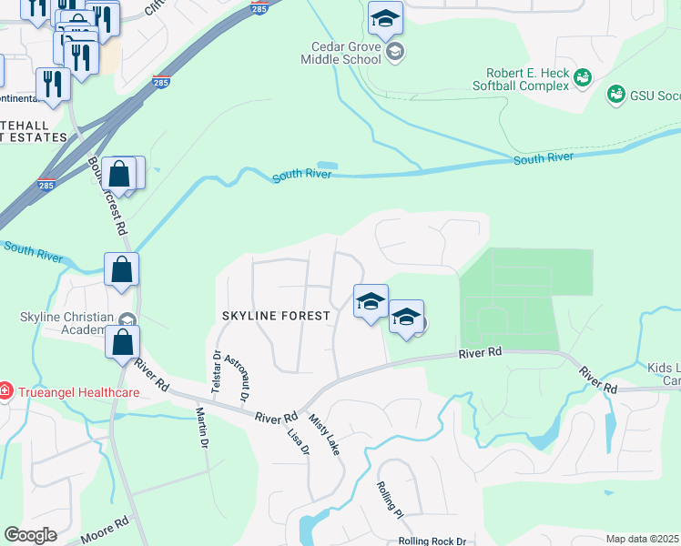 map of restaurants, bars, coffee shops, grocery stores, and more near 3541 Weathered Wood Drive in Ellenwood