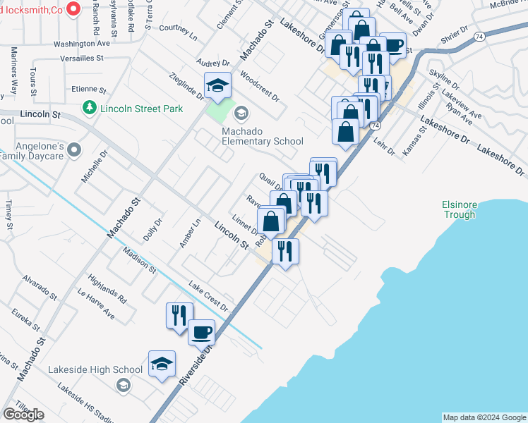 map of restaurants, bars, coffee shops, grocery stores, and more near 3601 Raven Drive in Lake Elsinore