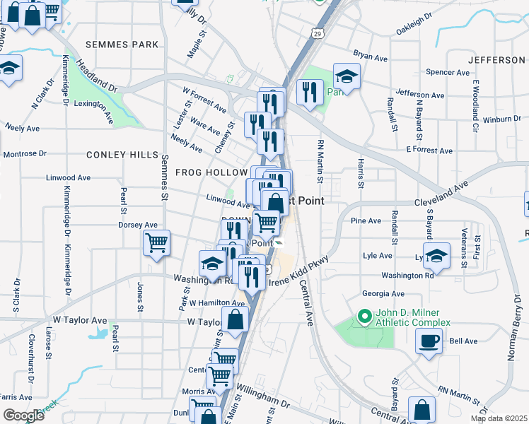 map of restaurants, bars, coffee shops, grocery stores, and more near 1596 West Cleveland Avenue in East Point