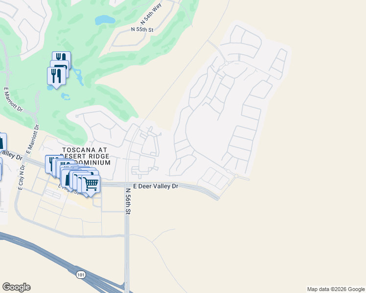 map of restaurants, bars, coffee shops, grocery stores, and more near 21423-21615 North 56th Street in Phoenix