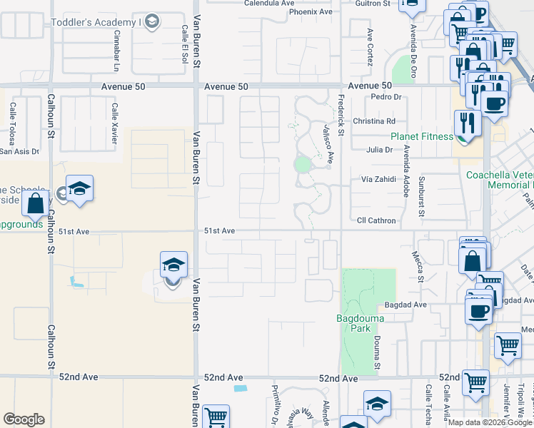 map of restaurants, bars, coffee shops, grocery stores, and more near 84458 Calle Larriva in Coachella
