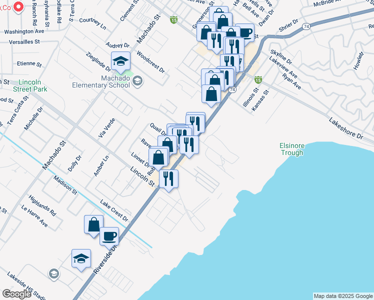 map of restaurants, bars, coffee shops, grocery stores, and more near 31681 Riverside Drive in Lake Elsinore