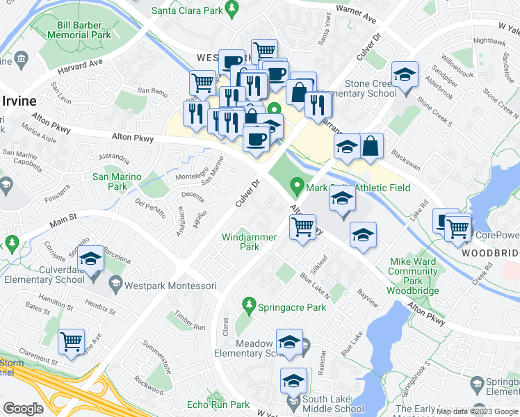 map of restaurants, bars, coffee shops, grocery stores, and more near 7 Woodleaf in Irvine