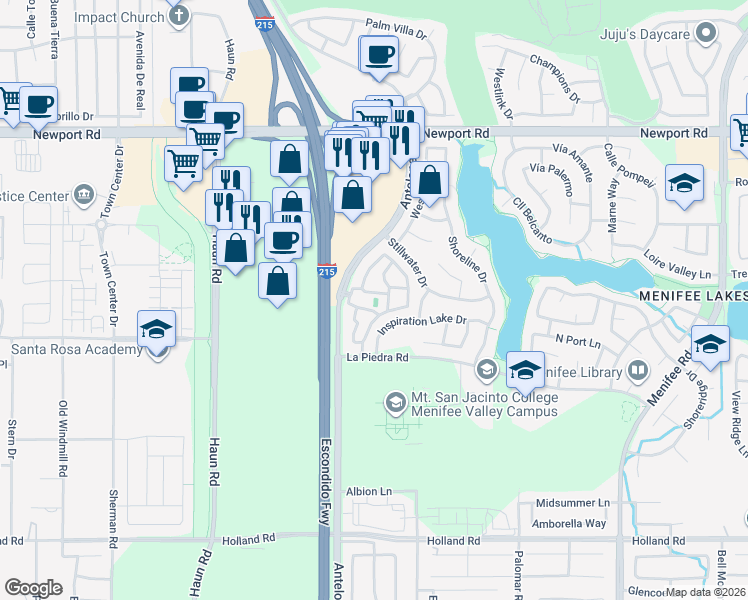 map of restaurants, bars, coffee shops, grocery stores, and more near 30300 Antelope Road in Menifee
