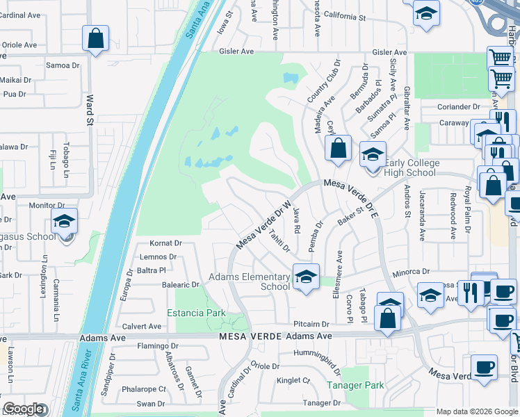 map of restaurants, bars, coffee shops, grocery stores, and more near 1878 Tahiti Drive in Costa Mesa